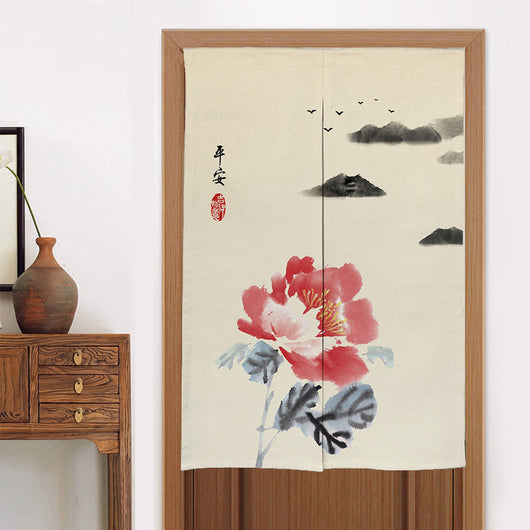 Chinese style fabric door curtain with cherry blossoms, colorful lanterns, and a white cat walking on a beige background. - Image 17