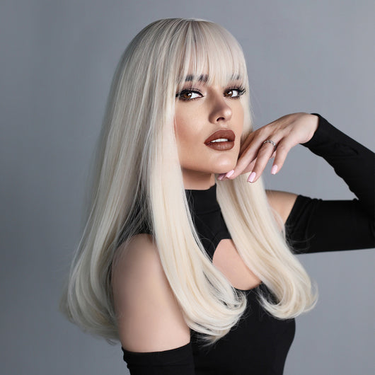 Peluca Rizada Larga con Flequillo Estilo Europeo Tono Platinado Corte Pera - Image 8