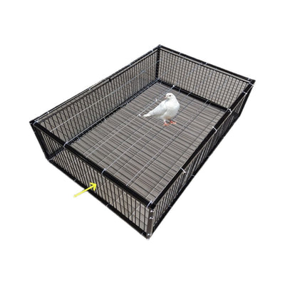 Black wire pigeon cage with a flat top and bottom, designed for one-way entry, shown on a gray surface. - Image 3