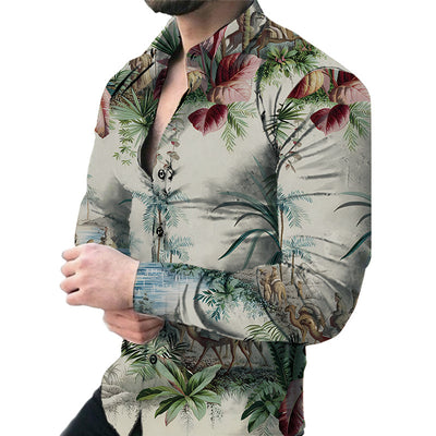 Camisa Casual de Manga Larga con Estampado Floral Grande para Hombre - Image 6