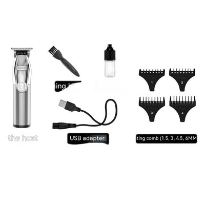 Gold electric hair clipper set with charging base, LCD display, four guide combs, cleaning brush, oil, and USB cable. - Image 3