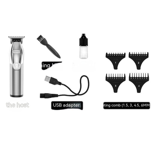 Gold electric hair clipper set with charging base, LCD display, four guide combs, cleaning brush, oil, and USB cable. - Image 3