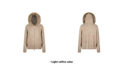 Abrigo Cardigan con Capucha y Cuello de Pelaje Beige para Mujer - Image 8