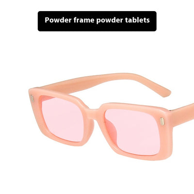 Women's retro hip hop fashion sunglasses with bright black frames, dark gray rectangular lenses, and gold accents. - Image 7