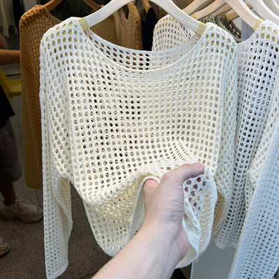 Blusa de Malla Calada Cuello Redondo Manga Larga - Image 4