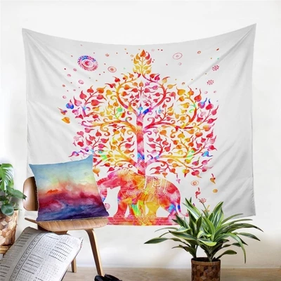 White tapestry with a vibrant watercolor Bodhi tree and elephant design, perfect for bohemian home decor. - Image 2