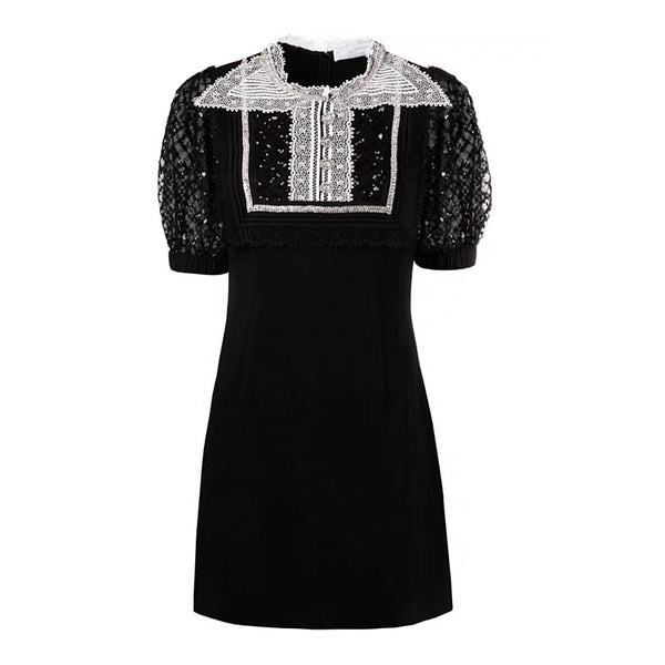 Vestido Slim con Encaje de Malla y Manga Abullonada Brillante