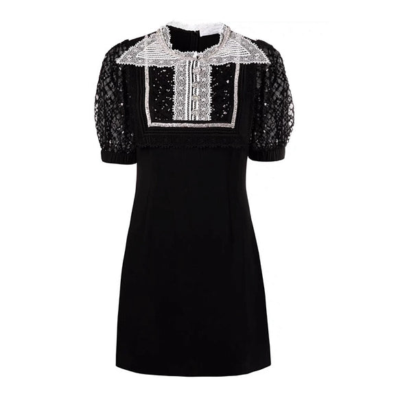 Vestido Slim con Encaje de Malla y Manga Abullonada Brillante