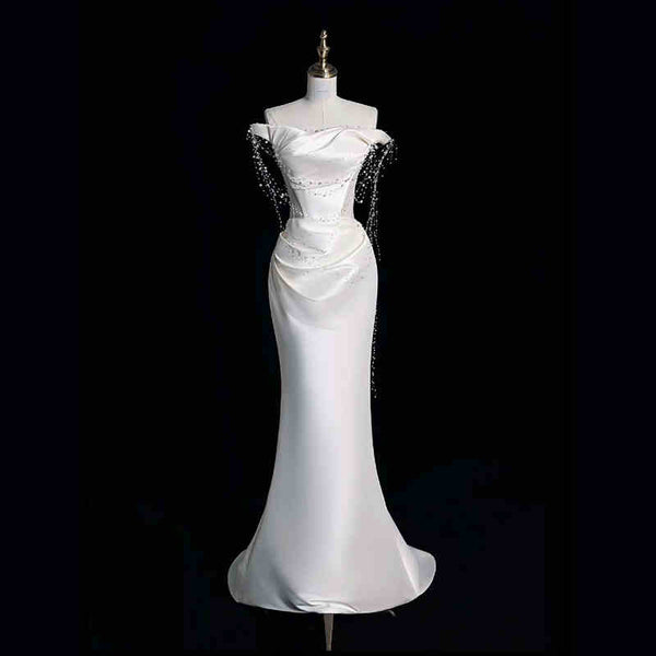 Vestido de Fiesta Satinado Hombros Descubiertos con Perlas