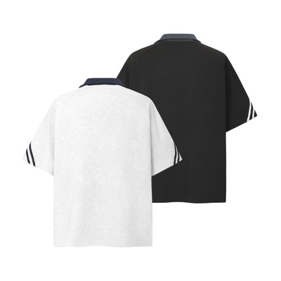Camiseta Cuello Solapa Estilo Locomotora Patchwork Manga Corta Unisex - Image 13