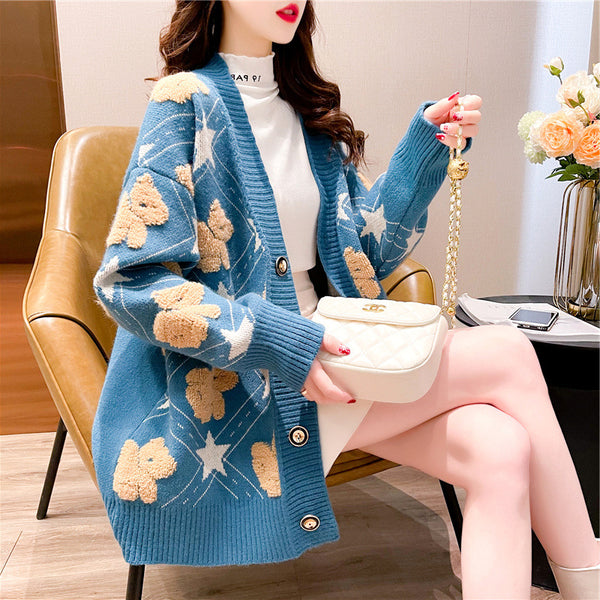 Cardigan Suelto de Punto con Osito para Mujer - Cuello V Oversize