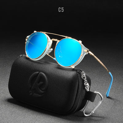 Round frame sunglasses with light blue mirrored lenses and a gold-tone metal frame, featuring a double bridge. - Image 24
