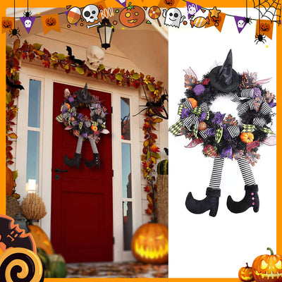 Corona Decorativa Halloween con Bruja, Calabaza y Piernas - Adorno para Puerta