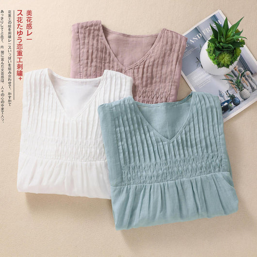 Blusa Suelta de Algodón y Lino con Cuello V - Image 5