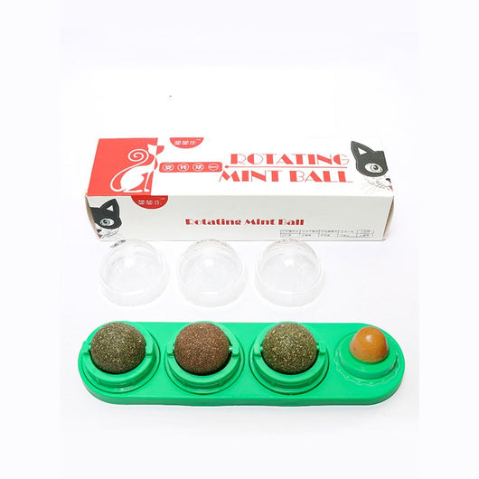 Cat toy with blue base, three rotating catnip/matatabi balls, and one licking candy, in a box labeled 'Rotating Mint Ball'. - Image 3