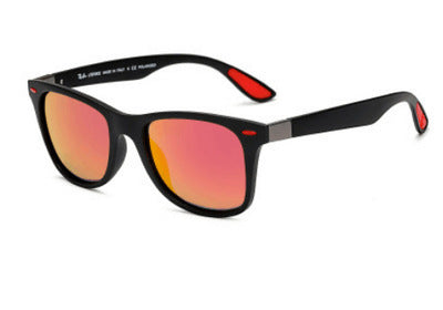 Black frame polarized sunglasses with blue mirrored lenses and blue and red accents on the temples. - Image 10