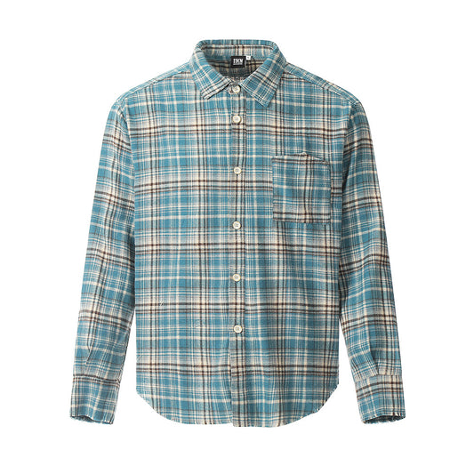 Camisa Polo Manga Larga Estilo Retro Americano a Cuadros con Borde Crudo