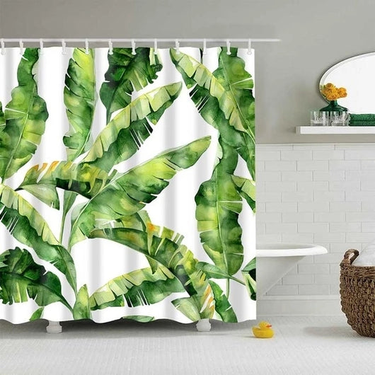 Tropical shower curtain with a vibrant green leaf print, including monstera and palm leaves, on a white background. - Image 11