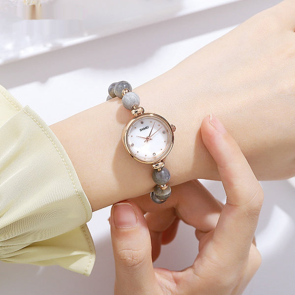 Reloj de Cuarzo Elegante para Mujer con Correa de Piedra Natural y Perla