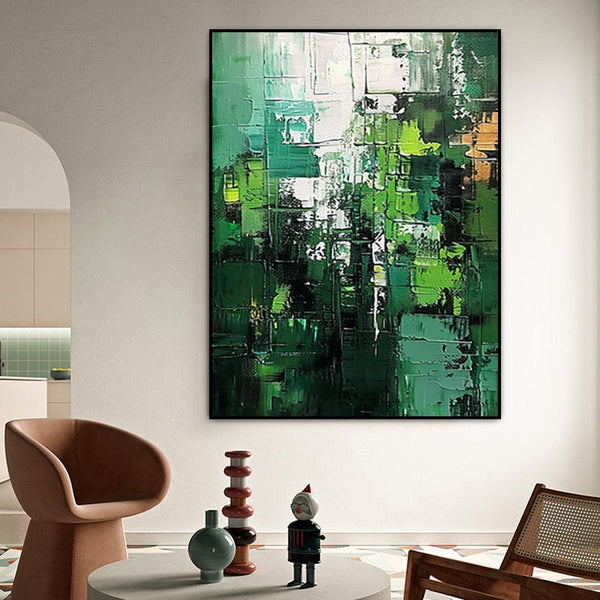 Cuadro Abstracto Paisaje Verde Pintura Hecha a Mano Minimalista Texturizado
