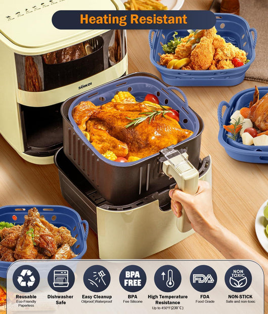 Silicone Air Fryer Liners - 2 Pack Square Air Fryer Basket Reusable Parchment Paper, Perfect 5-8 QT Airfryer Liners, Non-Stick Baking Tray for Air Fryer, Must-Have Kitchen Gadgets Oven Accessories - Tekeno