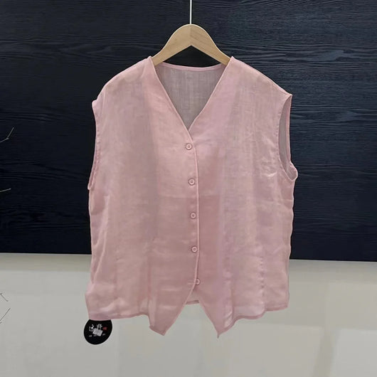 V-neck Sleeveless Solid Color Loose Cardigan Simple Single-breasted Top