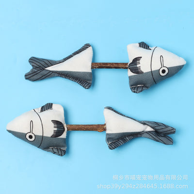 Gray and white plush catnip fish molar rod toy with a brown stick, designed for cats to chew and play. - Image 8