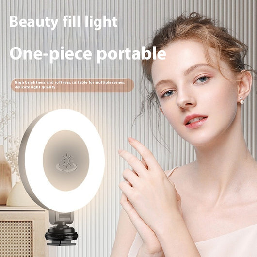Black mobile phone fill light with two LED panels, mounted on a selfie stick adapter for portable use.
