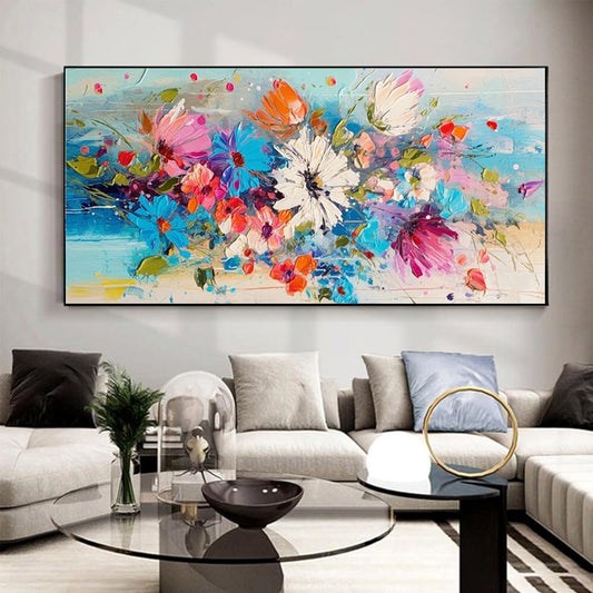 Cuadro Flores Primavera Óleo Grueso Pintura Artesanal Lienzo Grande Azules Modernos