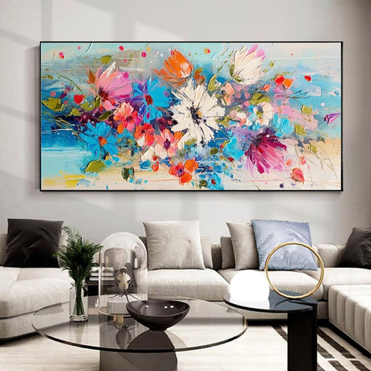 Cuadro Flores Primavera Óleo Grueso Pintura Artesanal Lienzo Grande Azules Modernos