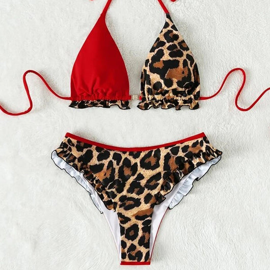 Red and leopard print colorblock bikini set with ruffled edges and high-cut bottoms. - Image 13