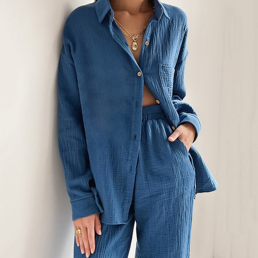 Conjunto Casual de Camisa Manga Larga Elástica y Pantalón Ancho - Image 12
