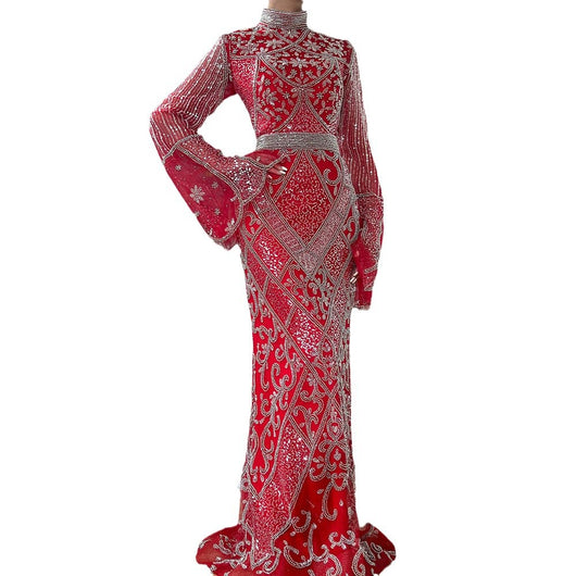 Vestido Largo de Noche Rojo con Cuello Alto y Falda Sirena - Image 5