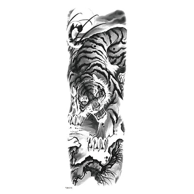 Full arm temporary tattoo sticker with a black, red, and light blue tribal design, featuring abstract shapes and patterns. - Image 23