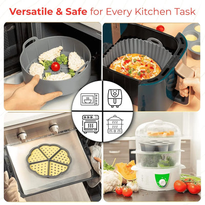 Silicone Air Fryer Liners Set of 5 – Reusable Air Fryer Liners Silicone with Egg Bite Mold, Oven Mitts – Fits 3–5 Qt Non-Stick, Food-Grade, Heat-Resistant - Tekeno