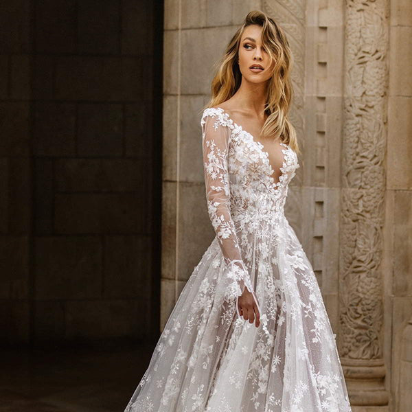 Vestido de Novia Elegante con Encaje y Mangas Largas