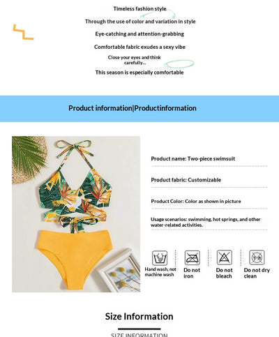 Women's two-piece swimsuit with a green, yellow, and orange tropical floral print halter top and solid yellow high-waisted bikini bottoms. - Image 13