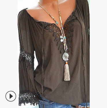 Blusa Asimétrica de Algodón y Lino con Encaje de Manga Larga - Image 10