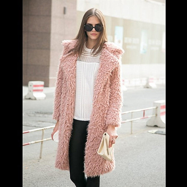 Abrigo Largo de Lana de Cordero para Mujer Otoño Invierno con Detalles de Piel Sintética