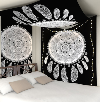Black and white mandala tapestry with intricate geometric patterns hanging above a bed in a bedroom. - Image 6