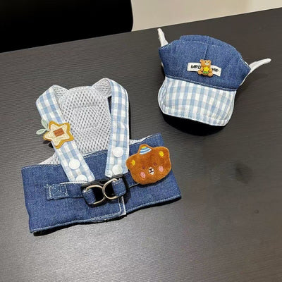 Denim and blue gingham pet harness with mesh back and a matching hat, both featuring cute bear and star patches. - Image 11
