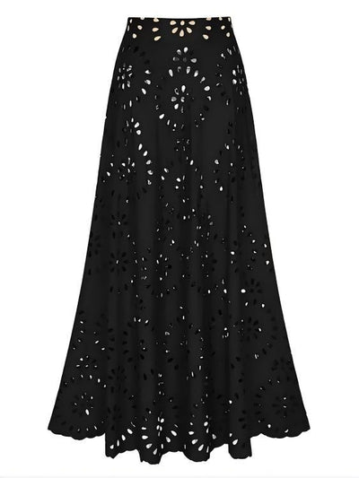 Navy blue women's one-piece swimsuit and matching midi skirt set with laser-cut floral patterns and scalloped edges. - Image 32