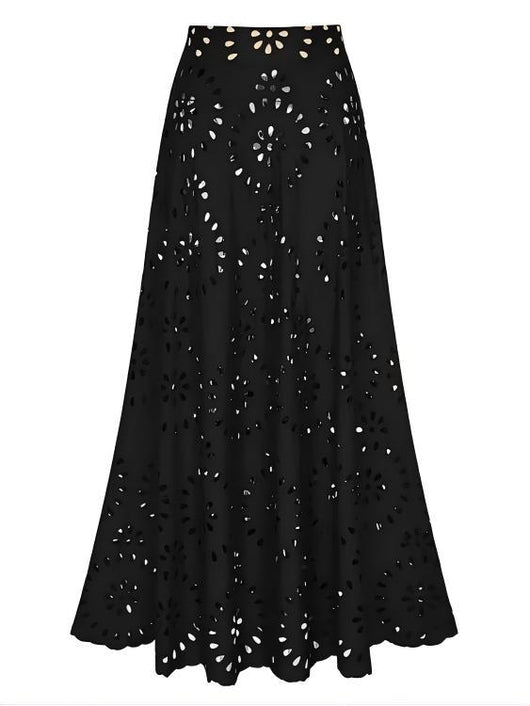 Navy blue women's one-piece swimsuit and matching midi skirt set with laser-cut floral patterns and scalloped edges. - Image 32