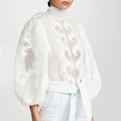 Blusa de Encaje Holgada con Mangas Farol Tipo Splice