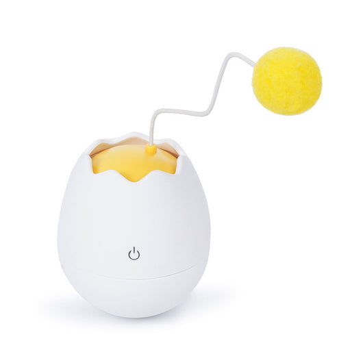 White egg-shaped automatic cat toy with a yellow interior and a flexible wire holding a yellow fuzzy ball. - Image 8