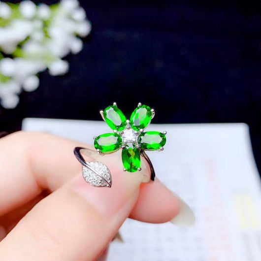 Anillo de Plata con Diopside Natural, Diseño Floral Ajustable para Mujer - Image 5