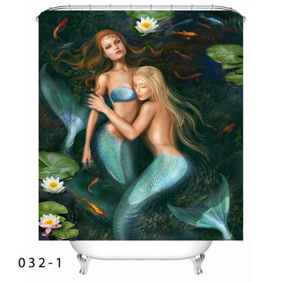 Waterproof shower curtain and bath mat set featuring a mermaid with teal hair and blue-green tail, surrounded by lily pads and pink flowers. - Image 6