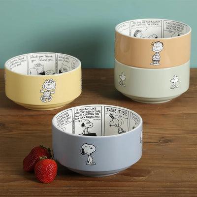 Set de 4 cuencos apilables de gres Peanuts – Snoopy y amigos, 14 cm, aptos para microondas y lavavajillas - Tekeno