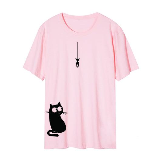 Camiseta Cuello Redondo con Gato Lateral - Diseño Europeo y Americano - Image 2