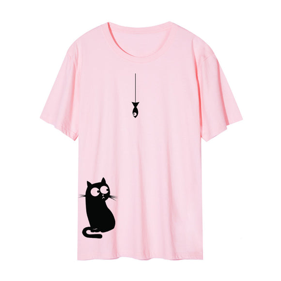 Camiseta Cuello Redondo con Gato Lateral - Diseño Europeo y Americano